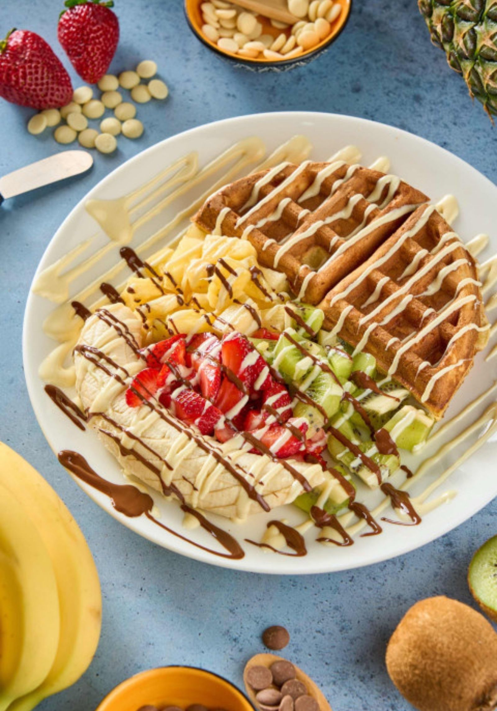 { Chocolate waffle with fruits }